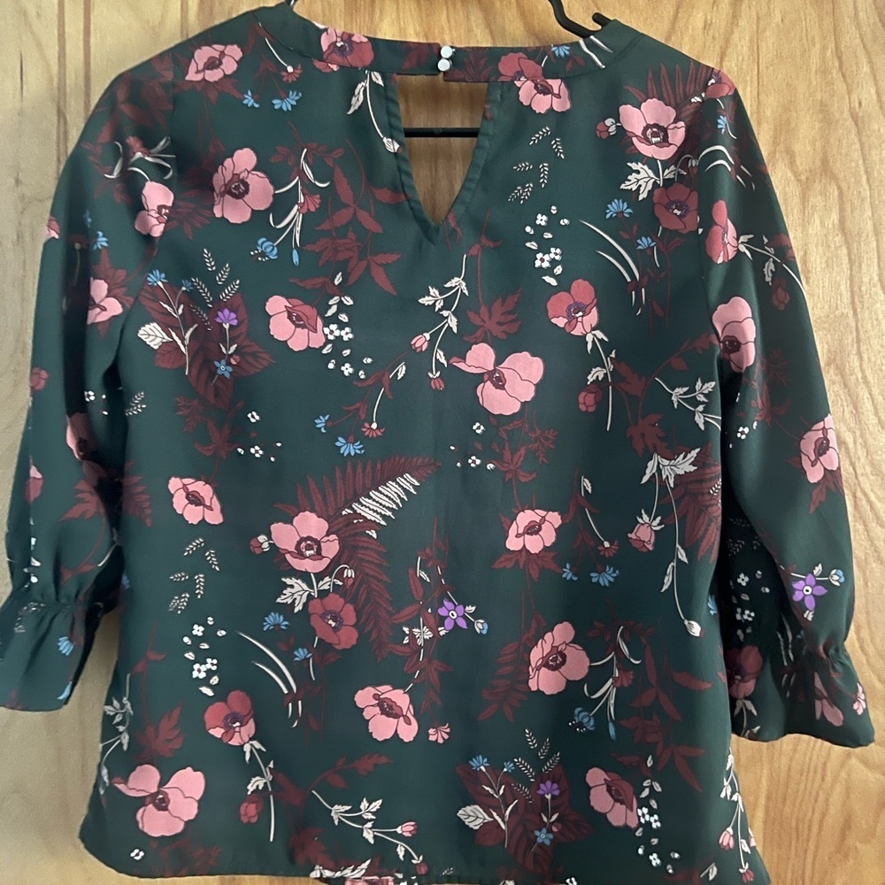 Skies Are Blue Dark Green Blouse with Pink and Purple Floral Design - Picture 7 of 11